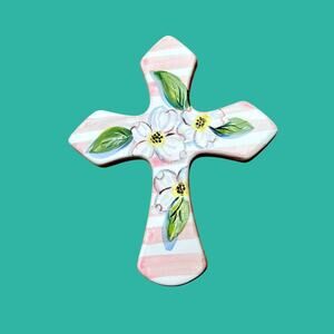CERAMIC CROSS with Dogwood Blossoms & Pink Stripes/Wall Art Ready to Hang